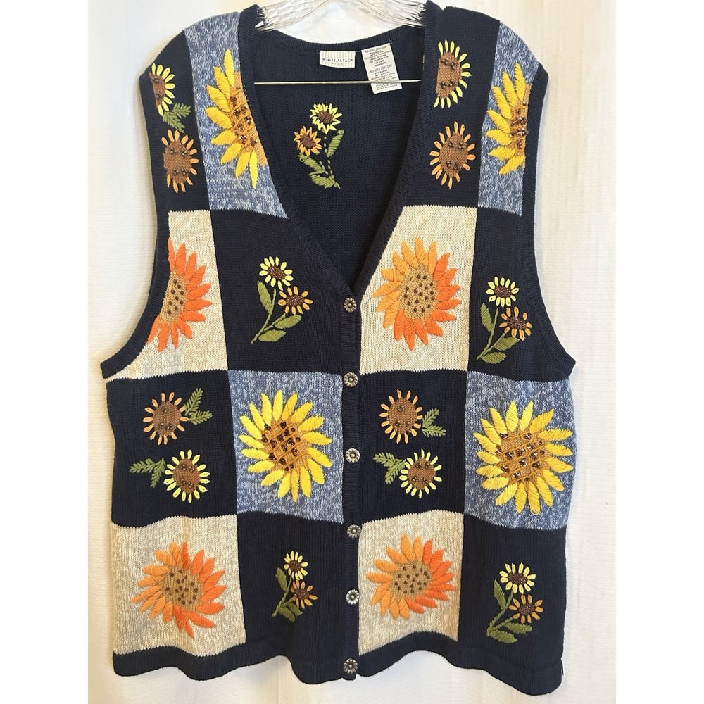 VTG Embroidered Sunflower Beaded Knit Vest 22/24 Grandmacore Cottagecore